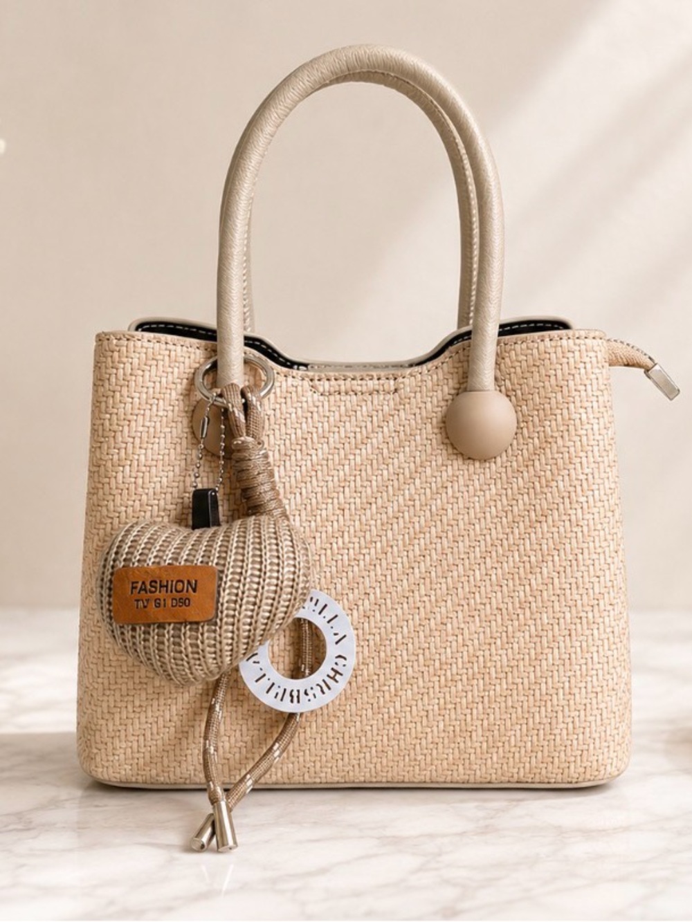 NWT Beige Woven Satchel Handbag with Matching Charm & Shoulder Strap by Sumzen